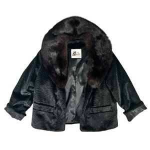 Sachs Waco Vintage Fox Fur Collared Faux Persian Black Velvet Cropped Jacket